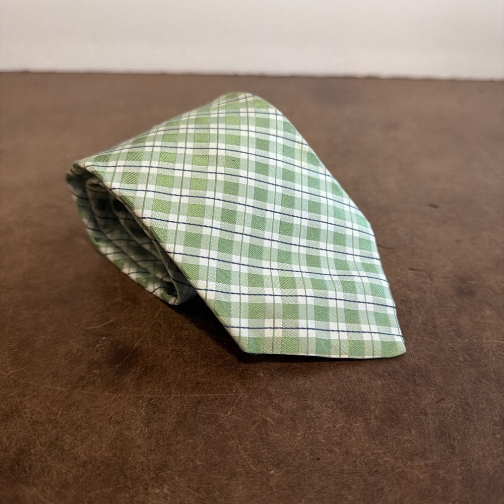 Tommy Hilfiger Mens Green White Pointed Classic Tie 100% Silk Made In USA